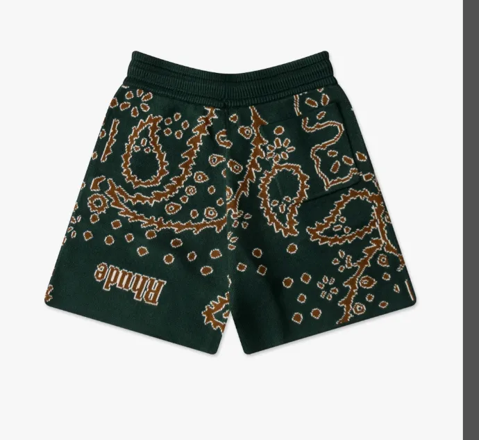 RHUDE Retro Cashew Flower Drawstring Knitted Shorts in Dark Green S-XL Size