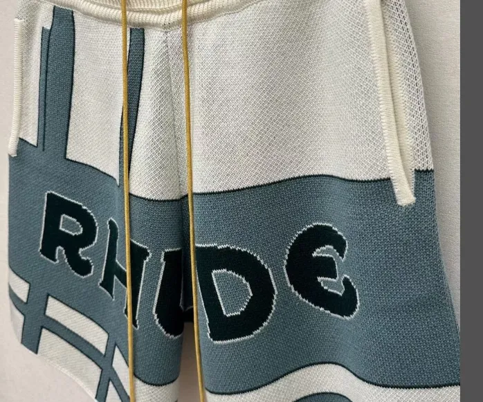 RHUDE retro letter logo slogan jacquard drawstring yarn shorts white blue S-XL size