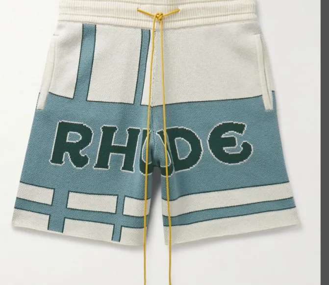 RHUDE retro letter logo slogan jacquard drawstring yarn shorts white blue S-XL size