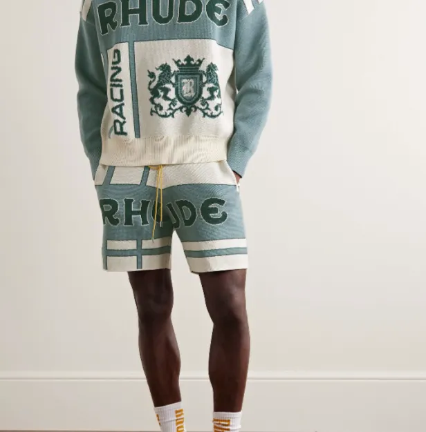 RHUDE retro letter logo slogan jacquard drawstring yarn shorts white blue S-XL size