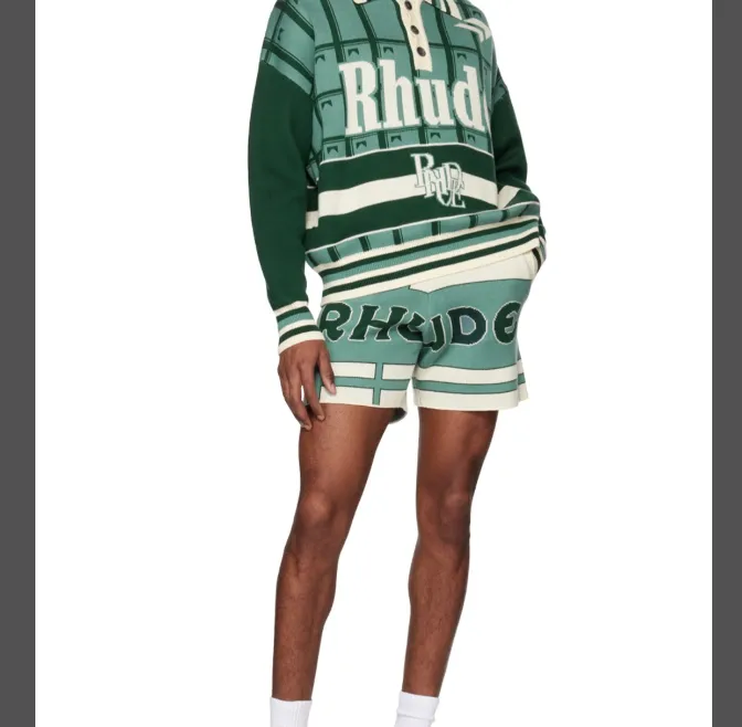 RHUDE retro letter logo slogan jacquard drawstring yarn shorts white blue S-XL size