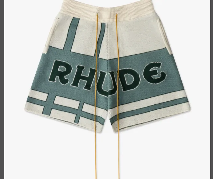 RHUDE retro letter logo slogan jacquard drawstring yarn shorts white blue S-XL size