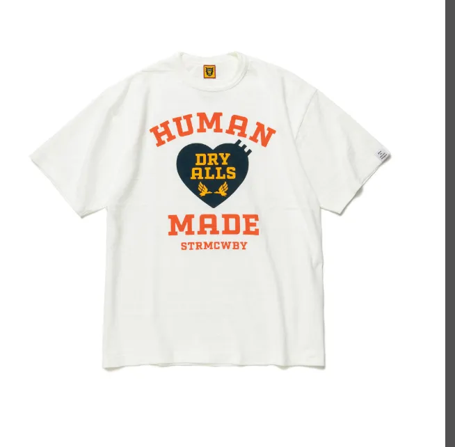 HUMAN MADE Dry Alls Heart Graphic Tee Retro American Love English Letter Logo Printed Bamboo Cotton Cylinder Short Sleeve T-shirt Black White S M L XL