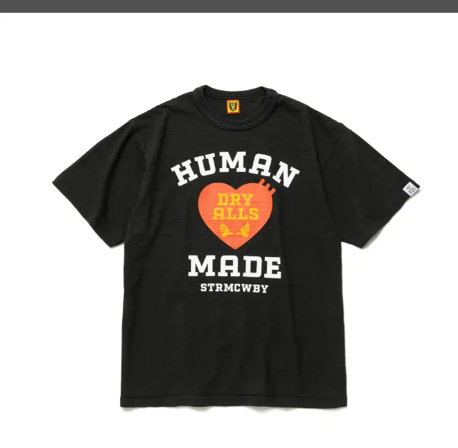 HUMAN MADE Dry Alls Heart Graphic Tee Retro American Love English Letter Logo Printed Bamboo Cotton Cylinder Short Sleeve T-shirt Black White S M L XL