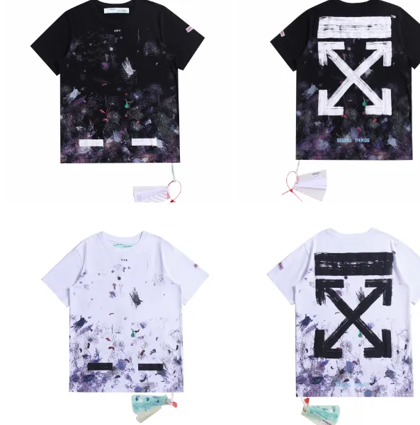 OFF-WHITE New 2023 Classic Arrow Brushed Paint Printed Pattern Short Sleeve Starry Sky Hand Painted Splash Ink Men's and Women's Same Style