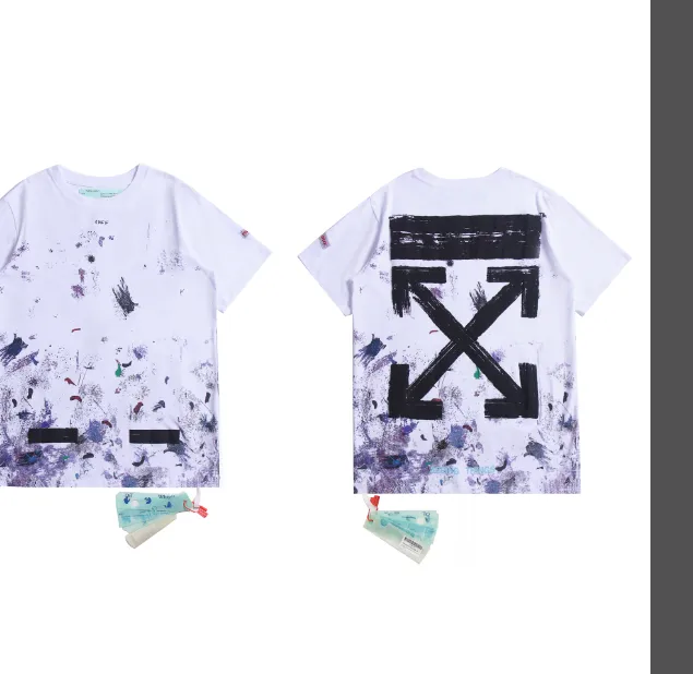 OFF-WHITE New 2023 Classic Arrow Brushed Paint Printed Pattern Short Sleeve Starry Sky Hand Painted Splash Ink Men's and Women's Same Style