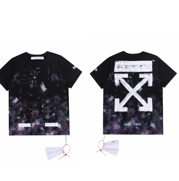 OFF-WHITE New 2023 Classic Arrow Brushed Paint Printed Pattern Short Sleeve Starry Sky Hand Painted Splash Ink Men's and Women's Same Style