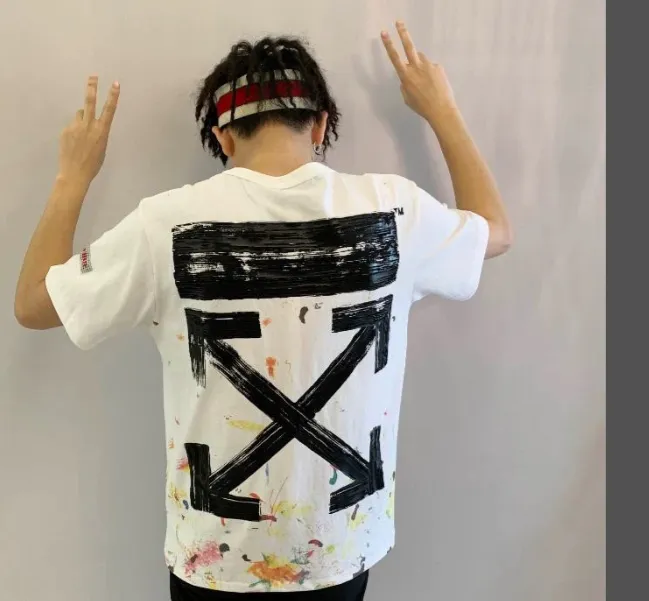 OFF-WHITE New 2023 Classic Arrow Brushed Paint Printed Pattern Short Sleeve Starry Sky Hand Painted Splash Ink Men's and Women's Same Style