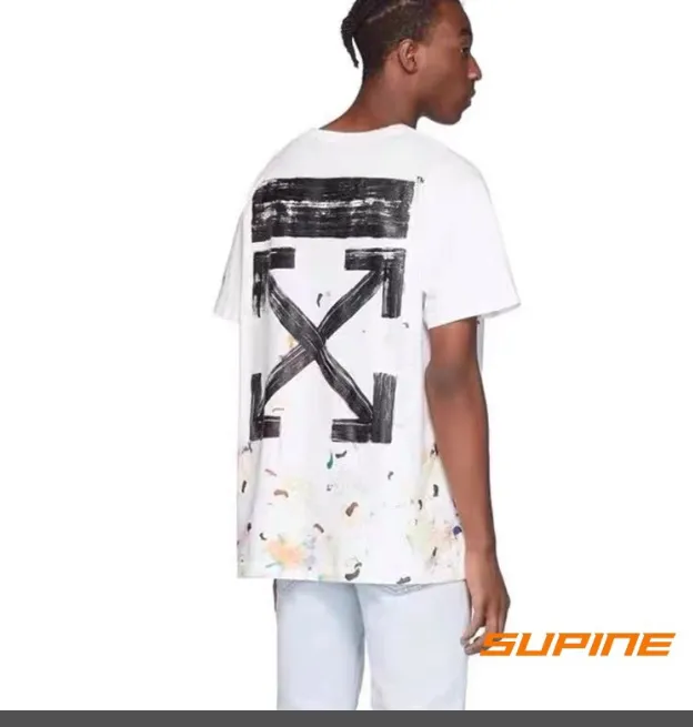 OFF-WHITE New 2023 Classic Arrow Brushed Paint Printed Pattern Short Sleeve Starry Sky Hand Painted Splash Ink Men's and Women's Same Style