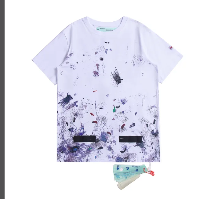 OFF-WHITE New 2023 Classic Arrow Brushed Paint Printed Pattern Short Sleeve Starry Sky Hand Painted Splash Ink Men's and Women's Same Style