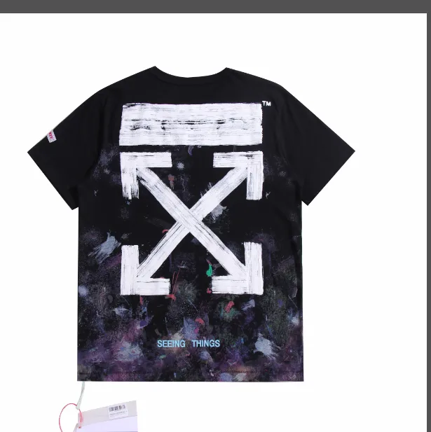 OFF-WHITE New 2023 Classic Arrow Brushed Paint Printed Pattern Short Sleeve Starry Sky Hand Painted Splash Ink Men's and Women's Same Style