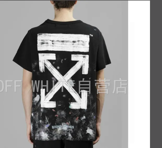 OFF-WHITE New 2023 Classic Arrow Brushed Paint Printed Pattern Short Sleeve Starry Sky Hand Painted Splash Ink Men's and Women's Same Style