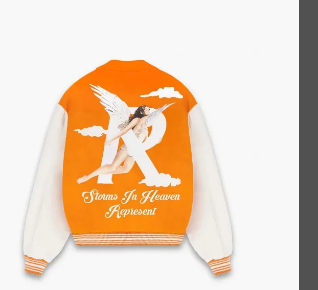 429 REPRESENT STORMS IN HEAVEN VARSITY JACKET Paradise Storm Angel Clouds Portrait Printed Woolen Leather Sleeves Baseball Jacket Coat