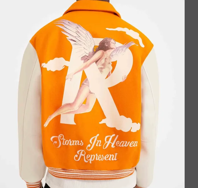 429 REPRESENT STORMS IN HEAVEN VARSITY JACKET Paradise Storm Angel Clouds Portrait Printed Woolen Leather Sleeves Baseball Jacket Coat