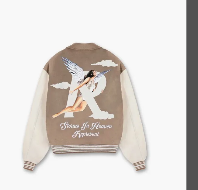 429 REPRESENT STORMS IN HEAVEN VARSITY JACKET Paradise Storm Angel Clouds Portrait Printed Woolen Leather Sleeves Baseball Jacket Coat