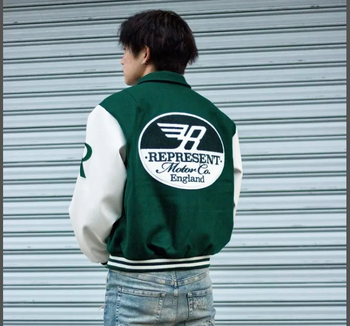 REPRESENT RACING TEAM VARSITY JACKET Retro American Embroidery Racing Team Baseball Jacket Leather Sleeves Zipper Jacket