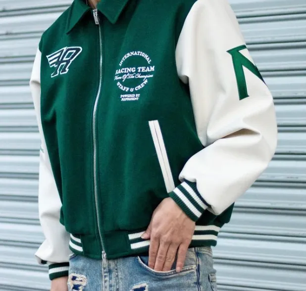 REPRESENT RACING TEAM VARSITY JACKET Retro American Embroidery Racing Team Baseball Jacket Leather Sleeves Zipper Jacket