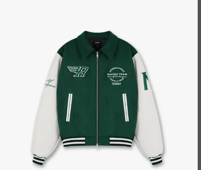 REPRESENT RACING TEAM VARSITY JACKET Retro American Embroidery Racing Team Baseball Jacket Leather Sleeves Zipper Jacket