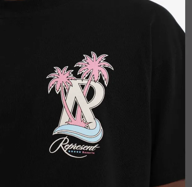 REPRESENT Summer Vacation Coconut Tree Letter Logo Short Sleeve T-shirt Black and White S-XL Size