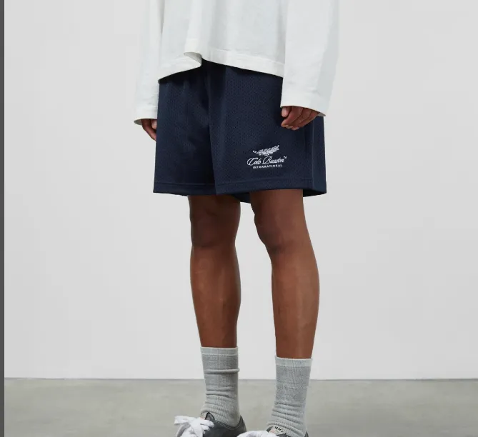 Cole Buxton slogan logo embroidered mesh shorts in navy blue, black, color blue, coffee color, size S-XL