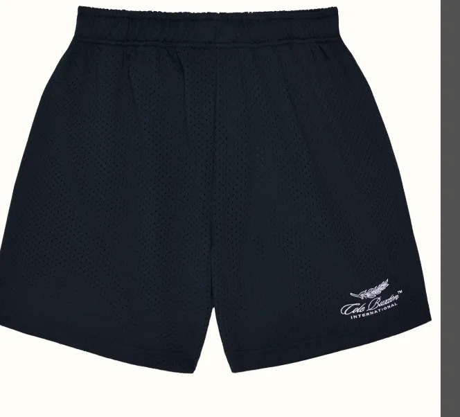 Cole Buxton slogan logo embroidered mesh shorts in navy blue, black, color blue, coffee color, size S-XL