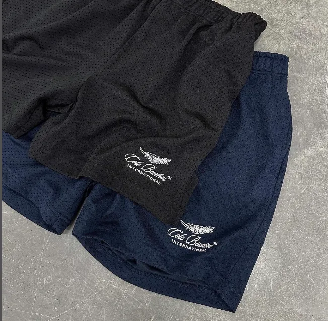 Cole Buxton slogan logo embroidered mesh shorts in navy blue, black, color blue, coffee color, size S-XL