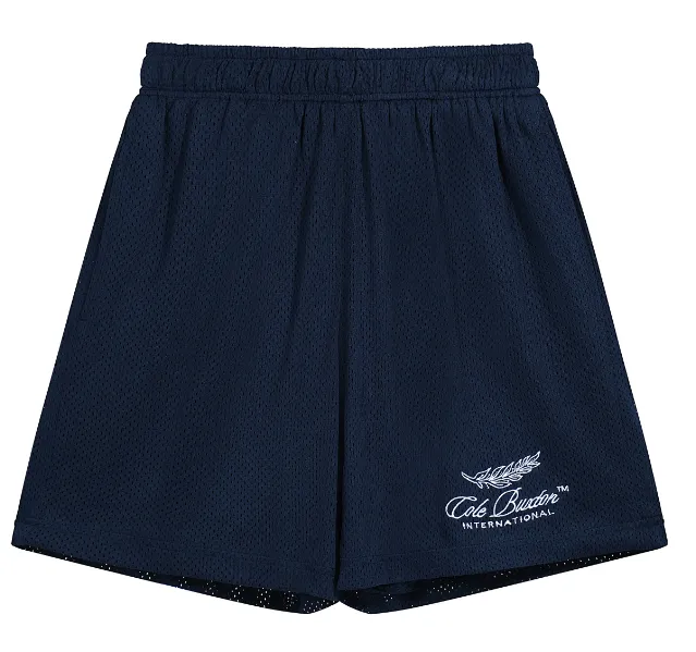 Cole Buxton slogan logo embroidered mesh shorts in navy blue, black, color blue, coffee color, size S-XL