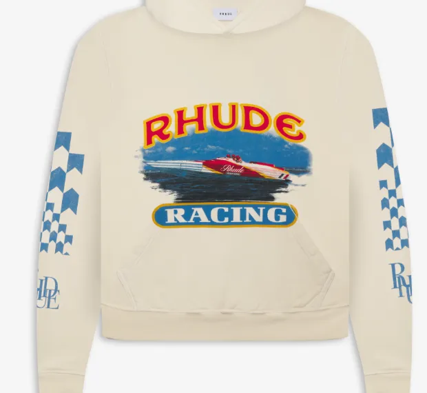 RHUDE CIGARETTE RACING HOODIE Yacht Blue and White Grid Printed Woolen Hoodie