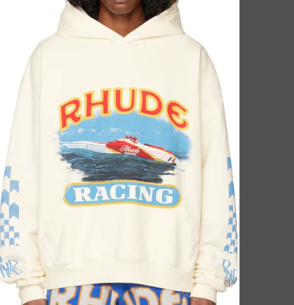 RHUDE CIGARETTE RACING HOODIE Yacht Blue and White Grid Printed Woolen Hoodie