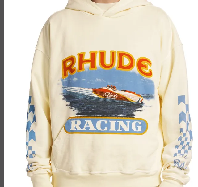 RHUDE CIGARETTE RACING HOODIE Yacht Blue and White Grid Printed Woolen Hoodie