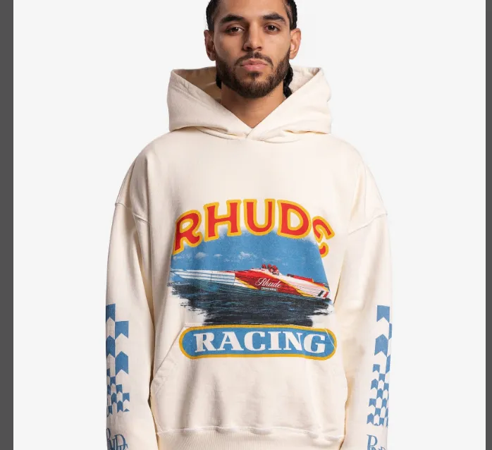 RHUDE CIGARETTE RACING HOODIE Yacht Blue and White Grid Printed Woolen Hoodie