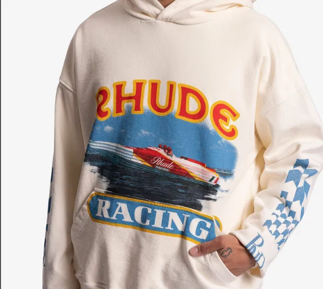 RHUDE CIGARETTE RACING HOODIE Yacht Blue and White Grid Printed Woolen Hoodie