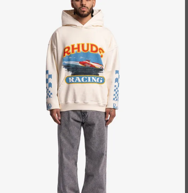 RHUDE CIGARETTE RACING HOODIE Yacht Blue and White Grid Printed Woolen Hoodie