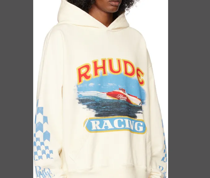 RHUDE CIGARETTE RACING HOODIE Yacht Blue and White Grid Printed Woolen Hoodie