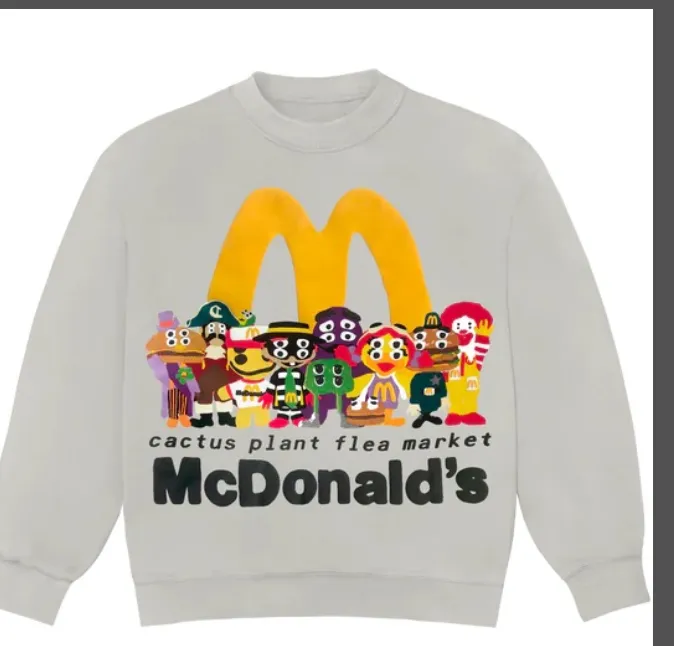 CACTUS PLANT FLEA x MCDONALD'S CACTUS BUDDY AND FRIENDS CREWNECK McDonald's Co branded Logo Four Eyed Smiling Face Burger Family Letter Logo Haircoat Hoodie