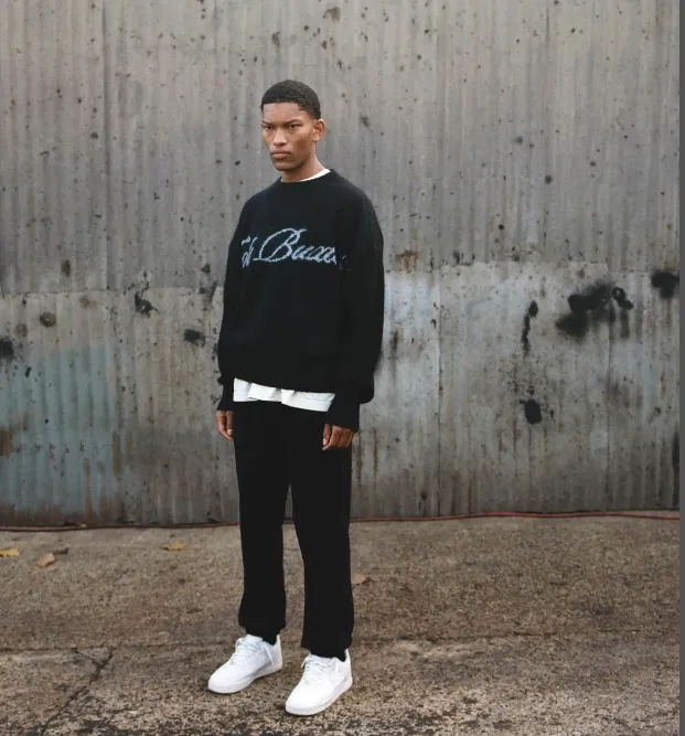 Cole Buxton minimalist slogan letter jacquard round neck sweater pullover blue black S-XL size