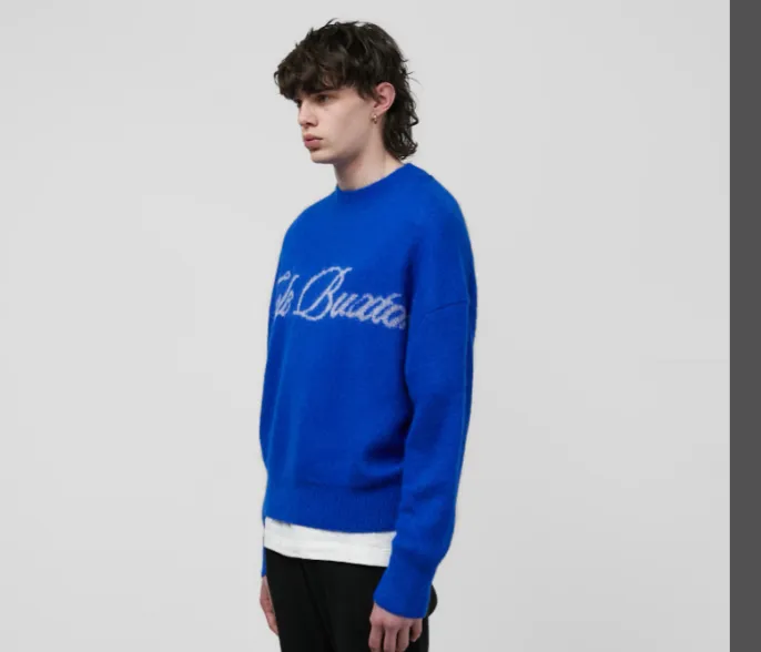 Cole Buxton minimalist slogan letter jacquard round neck sweater pullover blue black S-XL size