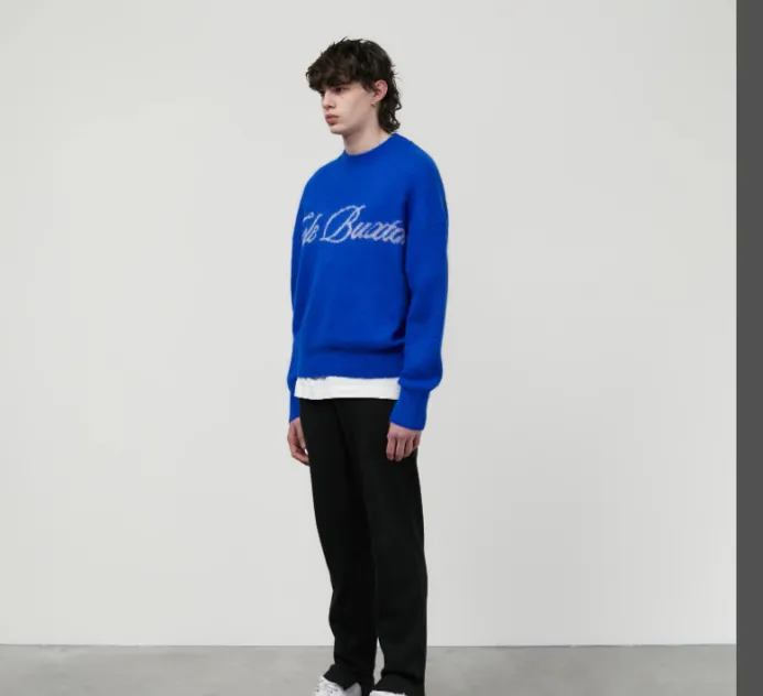 Cole Buxton minimalist slogan letter jacquard round neck sweater pullover blue black S-XL size