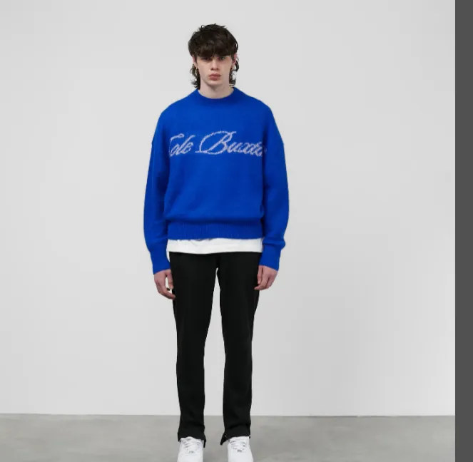 Cole Buxton minimalist slogan letter jacquard round neck sweater pullover blue black S-XL size