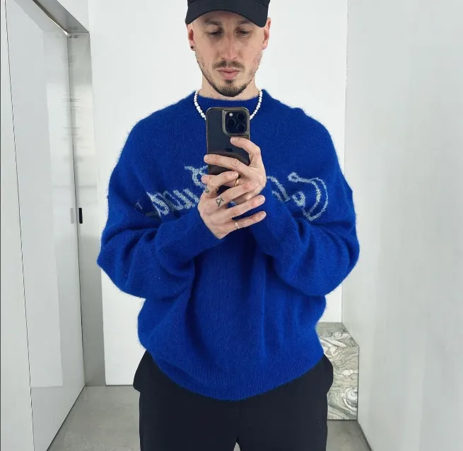 Cole Buxton minimalist slogan letter jacquard round neck sweater pullover blue black S-XL size