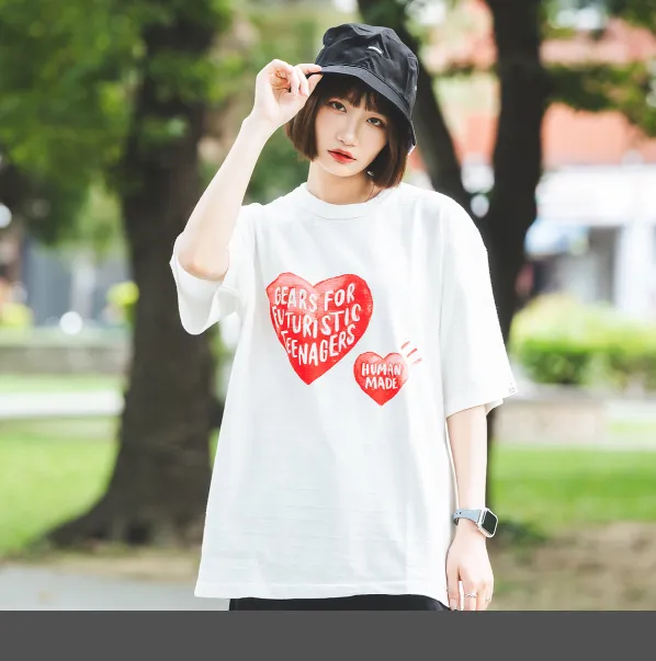 HUMAN MADE American Retro Vintage Love Pattern Printed Bamboo Cotton Short Sleeve T-shirt Black White S M L XL