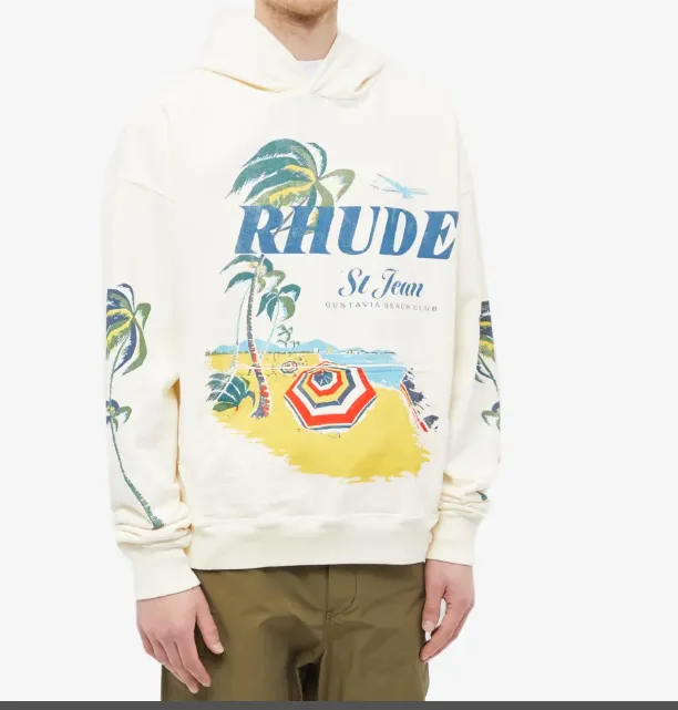 Rhude 'Beach Club' Printed Hoodie Beach Club Palm Tree Beach Pattern Printed Hoodie in Apricot S M L XL