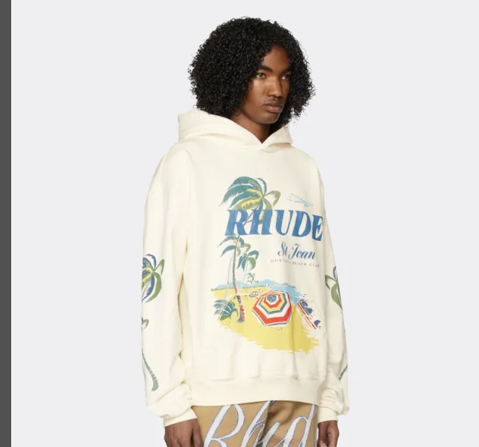 Rhude 'Beach Club' Printed Hoodie Beach Club Palm Tree Beach Pattern Printed Hoodie in Apricot S M L XL