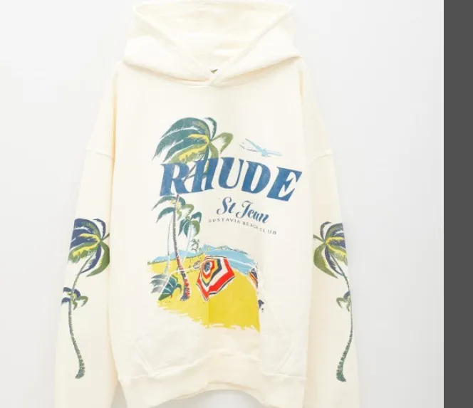 Rhude 'Beach Club' Printed Hoodie Beach Club Palm Tree Beach Pattern Printed Hoodie in Apricot S M L XL