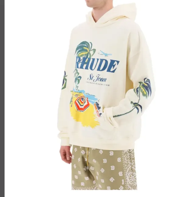 Rhude 'Beach Club' Printed Hoodie Beach Club Palm Tree Beach Pattern Printed Hoodie in Apricot S M L XL