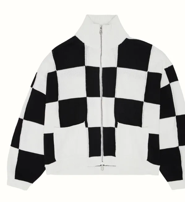 Cole Buxton Black and White Checkerboard Double Zipper Stand up Collar Sweater Coat Black and White Grid S-XL Size