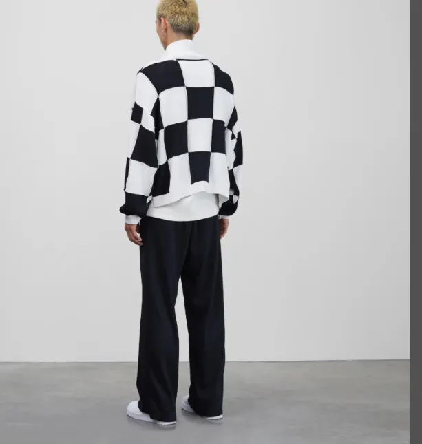 Cole Buxton Black and White Checkerboard Double Zipper Stand up Collar Sweater Coat Black and White Grid S-XL Size