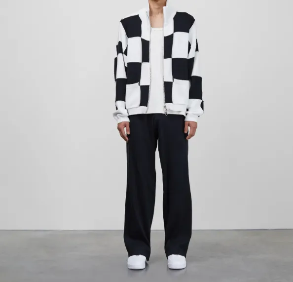 Cole Buxton Black and White Checkerboard Double Zipper Stand up Collar Sweater Coat Black and White Grid S-XL Size