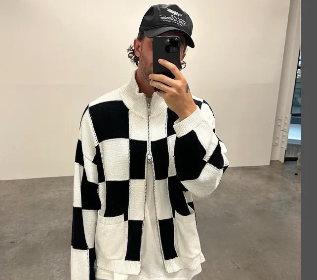 Cole Buxton Black and White Checkerboard Double Zipper Stand up Collar Sweater Coat Black and White Grid S-XL Size