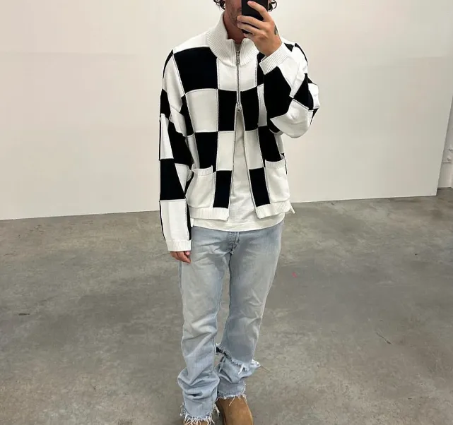 Cole Buxton Black and White Checkerboard Double Zipper Stand up Collar Sweater Coat Black and White Grid S-XL Size